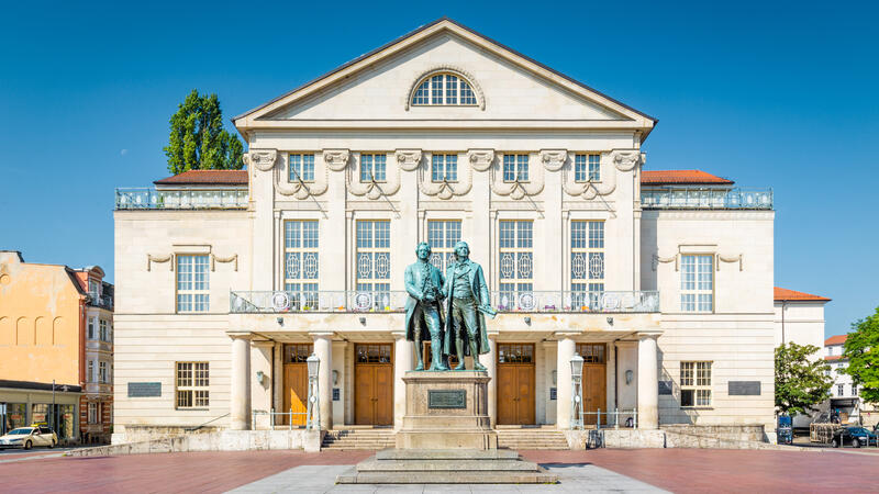 Weimar National theater with Goethe-Schiller monument