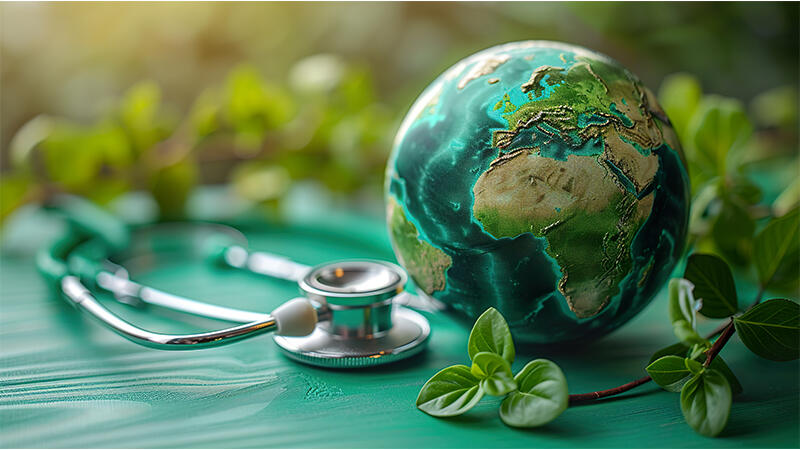 glass globe and stethoscope on table, world health day, medical and healthcare, telemedicine and climate change