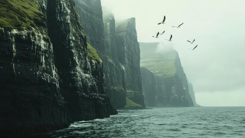  Cliffs of the Faroe Islands with seabirds flying overhead