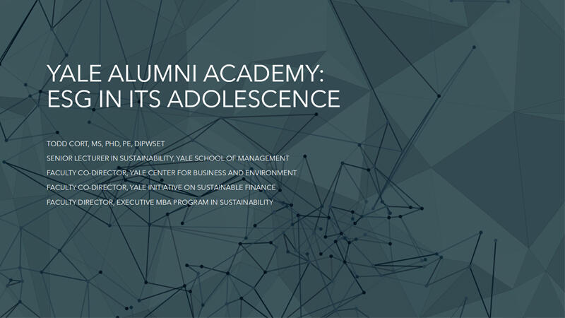The title slide of presentation. Yale Alumni Academy: ESG its Adolescence