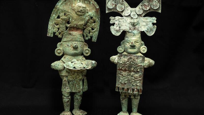 Pre-columbian copper men figure from Lambayeque ancient Peruvian culture.