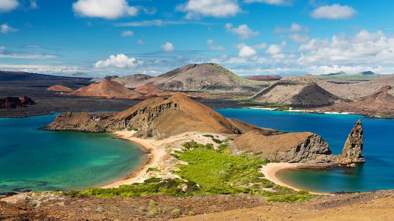 View of two beaches of Bartolome Island in Galapagos Islands National park