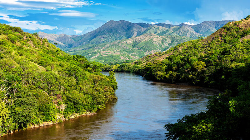 A view of mountains and highlands along the Magdalena River in Colombia, South America