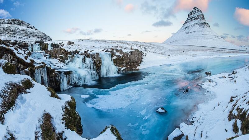 Kirkjufell waterfall with mountain in winter