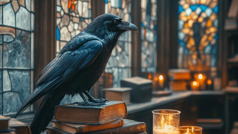 raven perched on a book in front of a stained-glass window